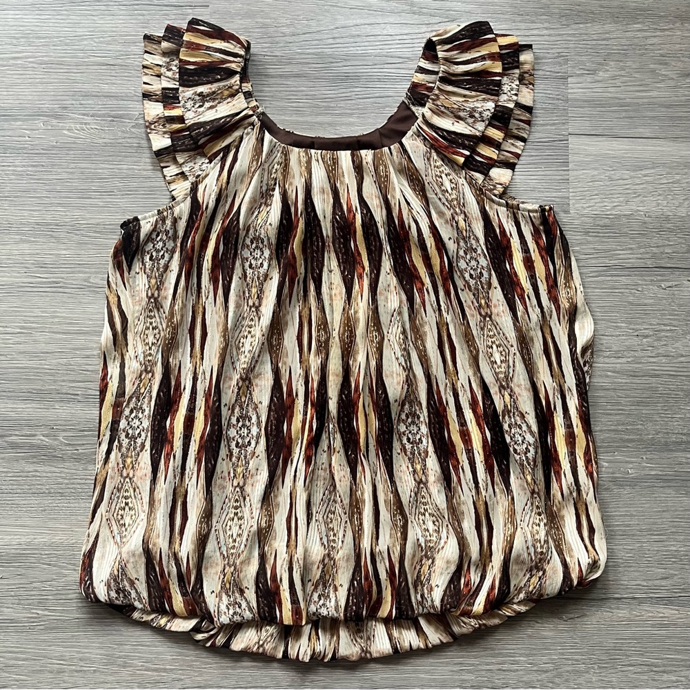 Dressbarn Brown and Cream Patterned Ruffle Sleeve Blouse